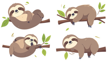 Fototapeta premium Cute cartoon sloth set hanging and sleeping on tree branch, vector illustration isolated on white background.