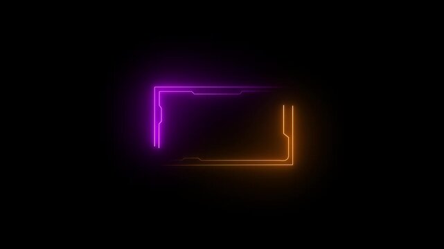 Glowing colored neon frame with moving lines on a transparent alpha channel background in a seamless loop. Hud game frame or technology box futuristic animation