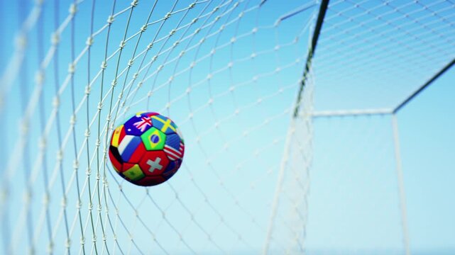 Soccer ball with country flags flying into a net