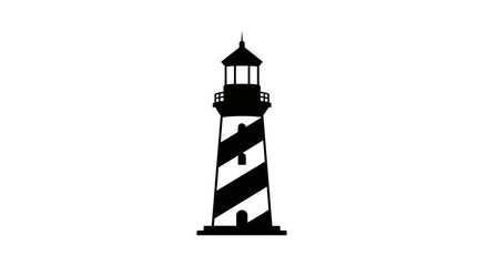 Lighthouse with black and white stripes stands tall against a white background, symbolizing guidance and safety at sea. © Berkah