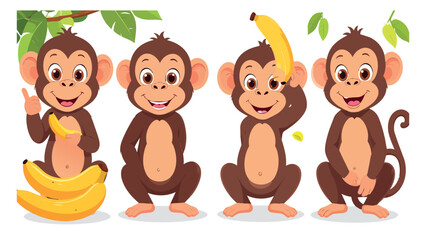 Naklejka premium Cute cartoon monkey set holding and playing with bananas under jungle leaves, vector illustration isolated on white background.