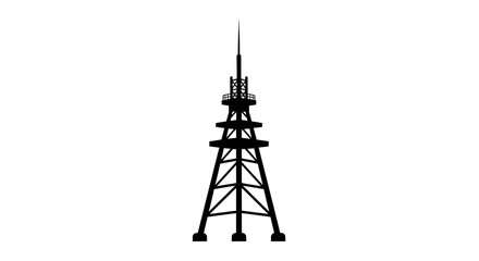 A detailed black silhouette of a large lattice telecommunications tower stands tall against a plain white background, symbolizing broadcasting infrastructure. © Berkah