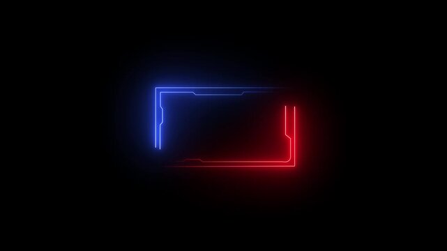 Glowing colored neon frame with moving lines on a transparent alpha channel background in a seamless loop. Hud game frame or technology box futuristic animation