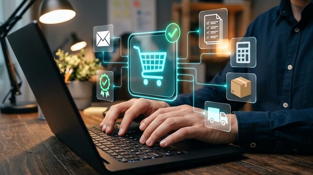 Online Shopping and E-commerce Concept Person Using Laptop with Digital Icons Representing Online Business and Transactions