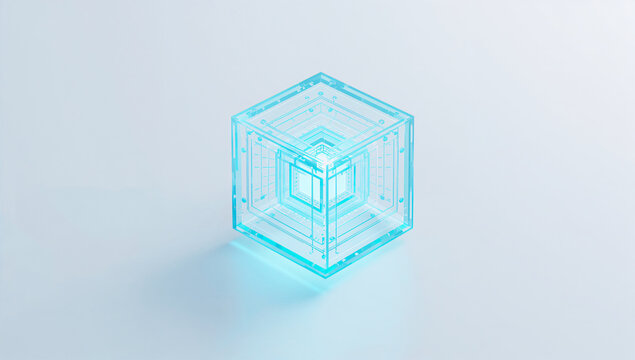 透明なAIキューブをアイコン風に抽象化した広告用3D背景