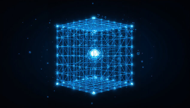 青い光点で構成された量子格子キューブが浮かぶ3D背景