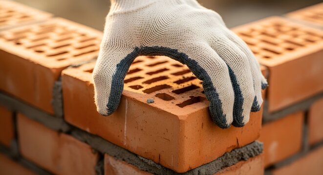 Bricklaying Mastery: A bricklayer building a brick wall, Professional mason at work