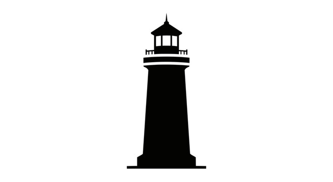 Lighthouse silhouette stands as a solitary beacon against a plain background to provide a clear maritime navigation symbol for nautical designs and coastal travel branding projects.