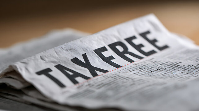 Newspaper Article Display Feature Bold Headline Announce 'TAX FREE' Concept on Financial Page, Business News, Economic Policy Update