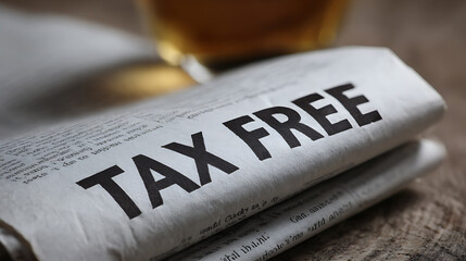 Obraz premium A close-up view of a newspaper headline showing 'TAX FREE' text, symbolizing financial incentives and economic freedom, with a warm-toned background