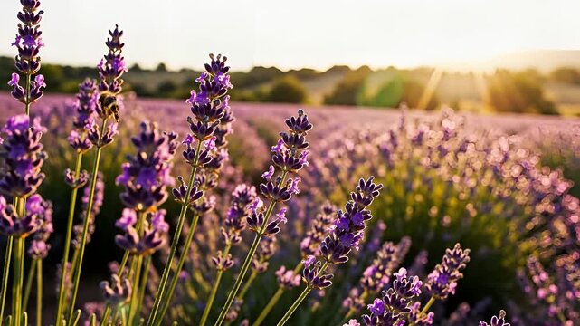 Beautiful Lavender Field in Golden Hour Sunlight with Bee.