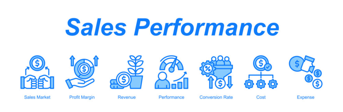 Sales Performance banner web icon vector illustration concept with an icon of Sales Market, Profit Margin, Revenue, Performance, Conversion Rate, Cost, Expense 