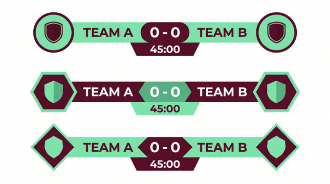 Sports match score graphic with team names, score, and time display