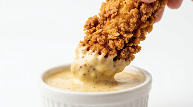 Crispy fried chicken strip dipped in sauce.