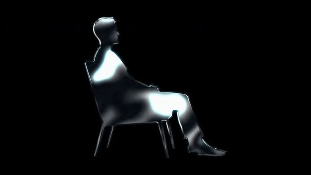 Silver metallic man sitting on a chair silhouette. Alpha channel. Seamless loop video.