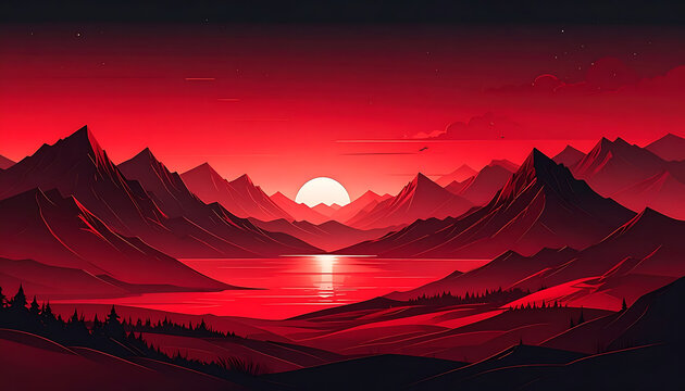 Pixel art sunset over a deep red lake and mountains, dramatic sky with clouds, reflection on water, retro game aesthetic