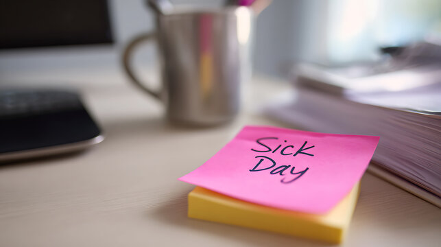 Pink sticky note with "Sick Day" message on a light desk, symbolizing absence from work or recovery period, office backdrop, personal health leave