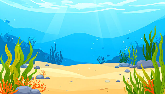 Pixel art underwater scene with sandy seabed, coral, seaweed, and sun rays filtering through blue ocean water, vibrant marine background