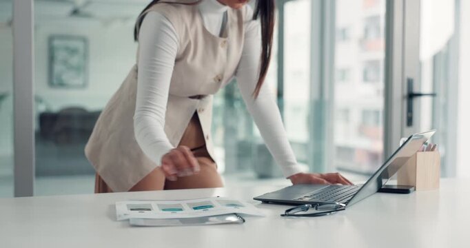 Laptop, documents and hands of business woman for finance review, budget report and revenue graph. Professional, corporate and person on computer for typing financial growth, planning and proposal