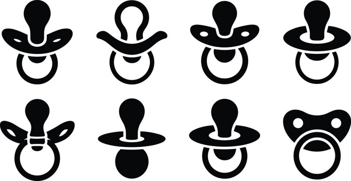 Baby pacifier silhouettes set, childcare icons, nipple and shield variations, infant product design, parenting vector illustration, childcare graphics