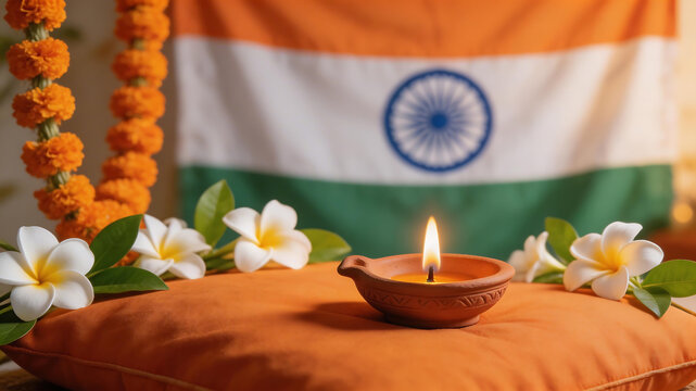 Candle with Indian flag and flowers for compelling visual storytelling and engaging ads