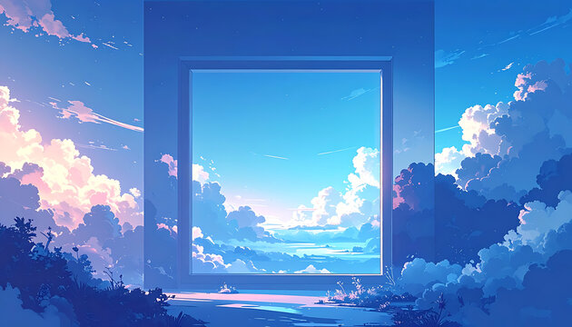 pixel art window framing a serene blue sky with soft clouds and sunlight, peaceful landscape