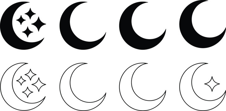 Crescent moon silhouettes set, star icons, solid and outline versions, celestial design, night sky symbols, astrology vector illustration