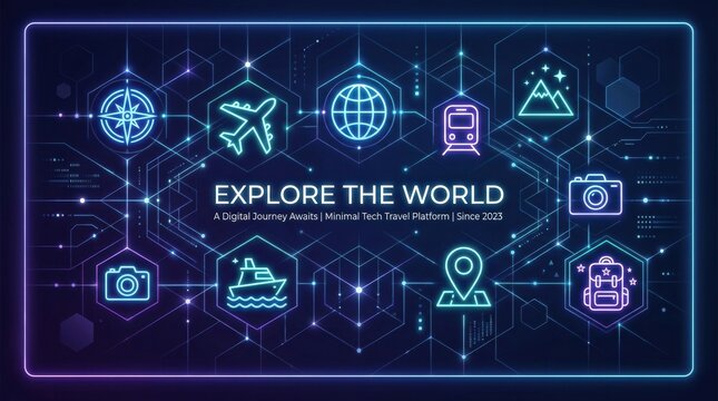 Travel symbols illustrate various modes of exploration including planes, boats, and cameras for those eager to discover new places.