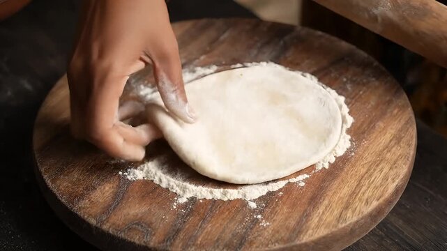 Closeup of hands rolling dough on a wooden board with flour.