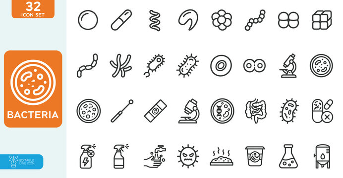 Bacteria Vector illustration editable line icon set. Contains icon related to Bacteria, Microbe, Virus, Colony of Bacteria, Petri Dish and more. on white background.