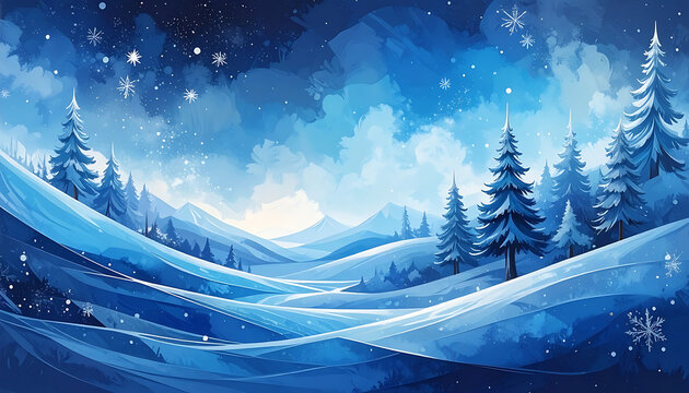 Pixel art winter landscape with snow covered hills, evergreen trees, and a starry night sky, evoking a serene, cold atmosphere