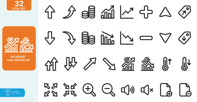 Increase and Decrease Vector illustration line editable icon set. Contain icons related to Increase, decrease, graph, charts, market trends, profit, loss, and more. on white background.