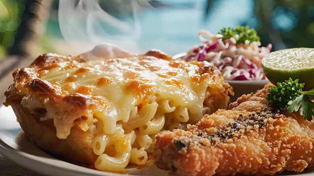 Delicious Baked Macaroni and Cheese with Fried Fish and Coleslaw.