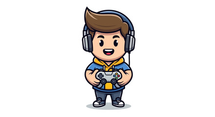 Cute Boy Gamer with Headphones and Controller, Playing Video Games, Cartoon Style © Muh