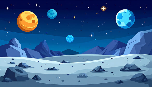 Pixel art landscape of a distant alien planet with colorful planets and stars in the night sky, rocky terrain, sci-fi, space exploration, cosmos