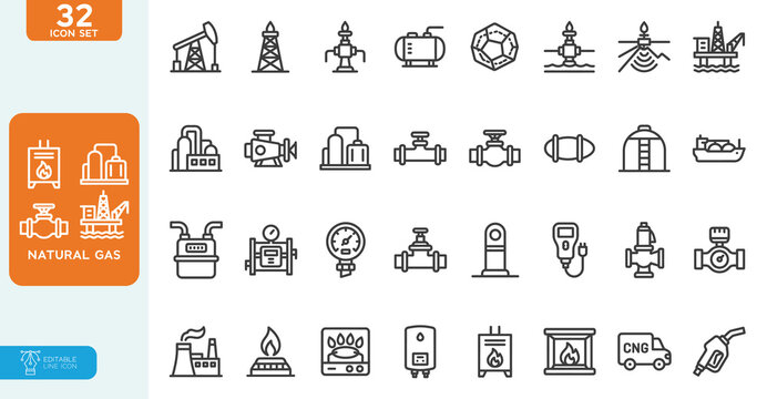 Natural gas industry Vector illustration line editable icon set. 32 editable line icons for energy and fuel sector. on white background.