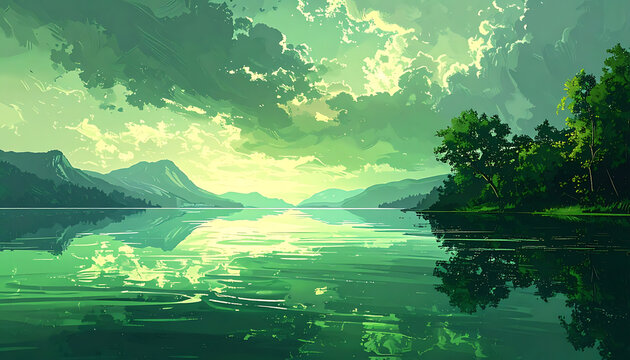 Pixel art landscape with a calm lake reflecting green trees and mountains under a cloudy sky, serene nature view