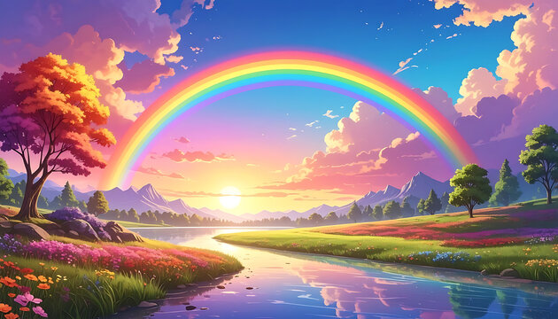 Pixel art landscape with a vibrant rainbow arching over a serene river at sunset, colorful flowers, and fluffy clouds