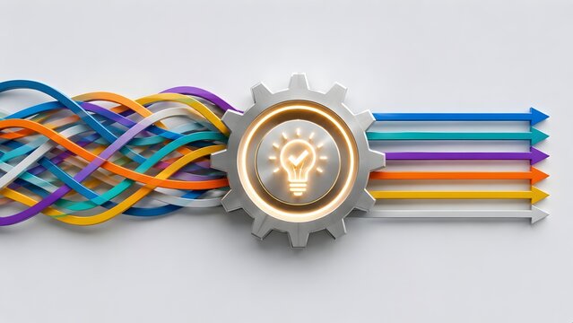 Metallic gear transforming colorful chaotic tangled lines into organized straight arrows with a glowing lightbulb, representing business strategy