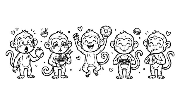 Cute Monkey Mascot Doodle Set with Snacks Fruits and Emotional Expressions Vector Illustration