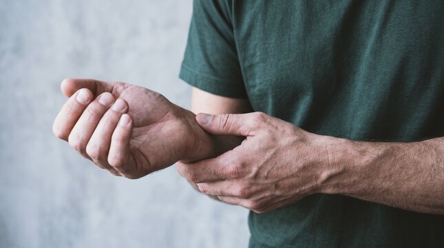 Unidentified person clutching their wrist in visible discomfort, depicting symptoms of potential injury, repetitive strain, or conditions like carpal tunnel syndrome
