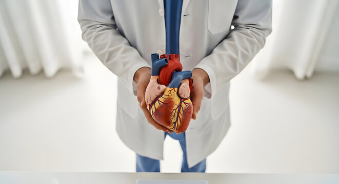 Human heart model held by a medical professional in a white coat for cardiology examination and cardiovascular health care