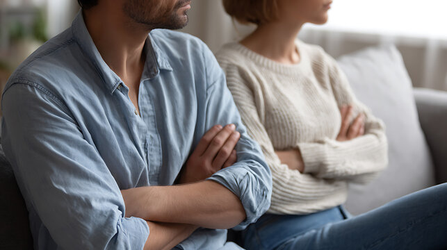 Serious couple sit on opposite sides of sofa after quarrel, turn back to each other, avoid eye contact. Unhappy man and woman have family problem