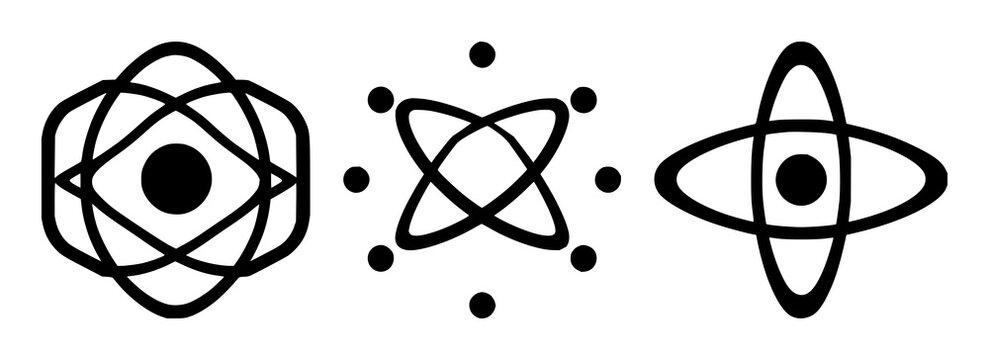 Quantum qubit atom icon set with solid black symbol on white background featuring quantum computing, qubit, atom graphic with vector and illustration