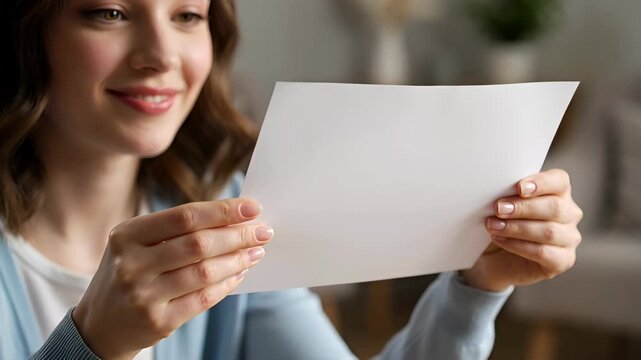 Young Woman Smiling While Reading a Blank White Paper Document at Home