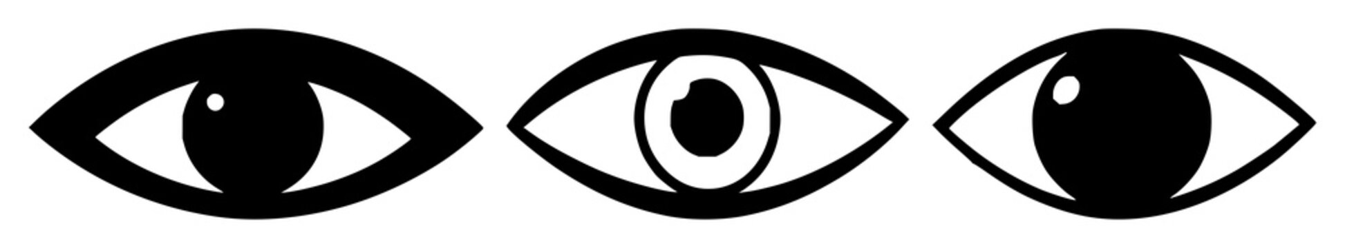 Eye scanner icon set with solid black shape on white background featuring computer vision, biometric, AI recognition with eye symbol and scanning lines