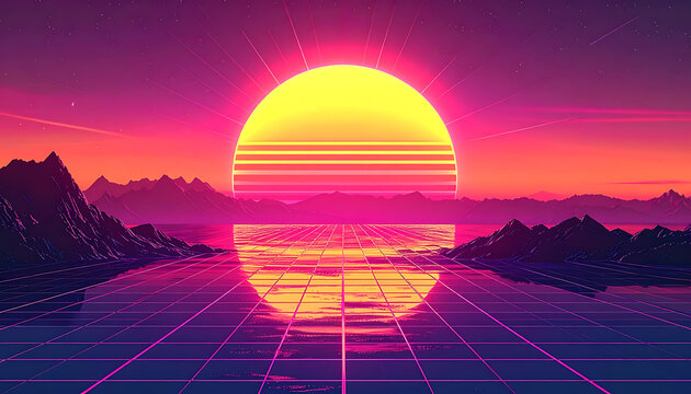Retro pixelated sunset over water with mountains and glowing grid floor, synthwave aesthetic, vibrant neon colors