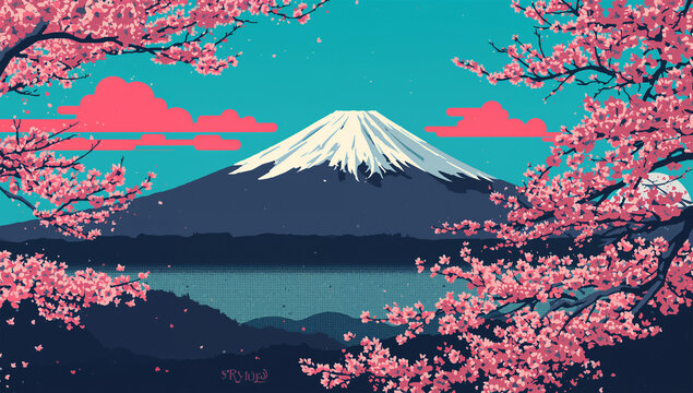 富士山と桜をポップな配色で再構成した現代グラフィック
