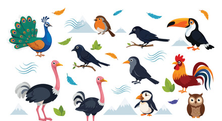 Fototapeta premium Diverse set of cartoon bird illustrations featuring a peacock, toucan, ostrich, and owl with mountain scenery.