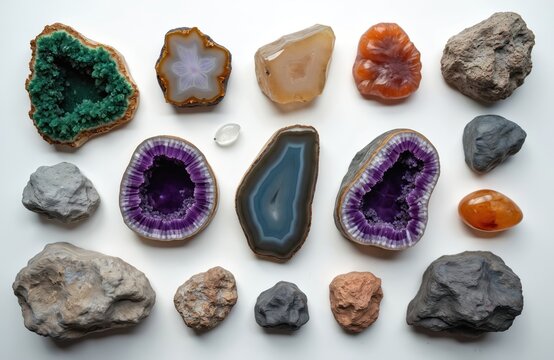 Collection of diverse rocks and minerals display natural beauty. Amethyst geodes and agate slices show intricate patterns. Earth science specimens include rough stones and polished gems.